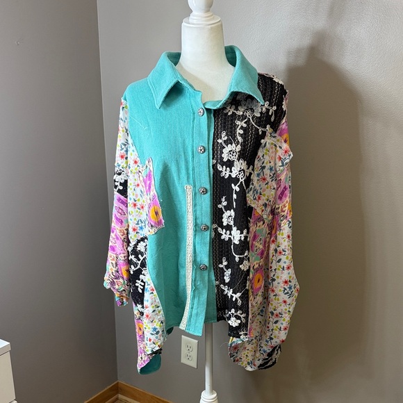 POL Tops - POL Teal and Pastel Patchwork Shirt
